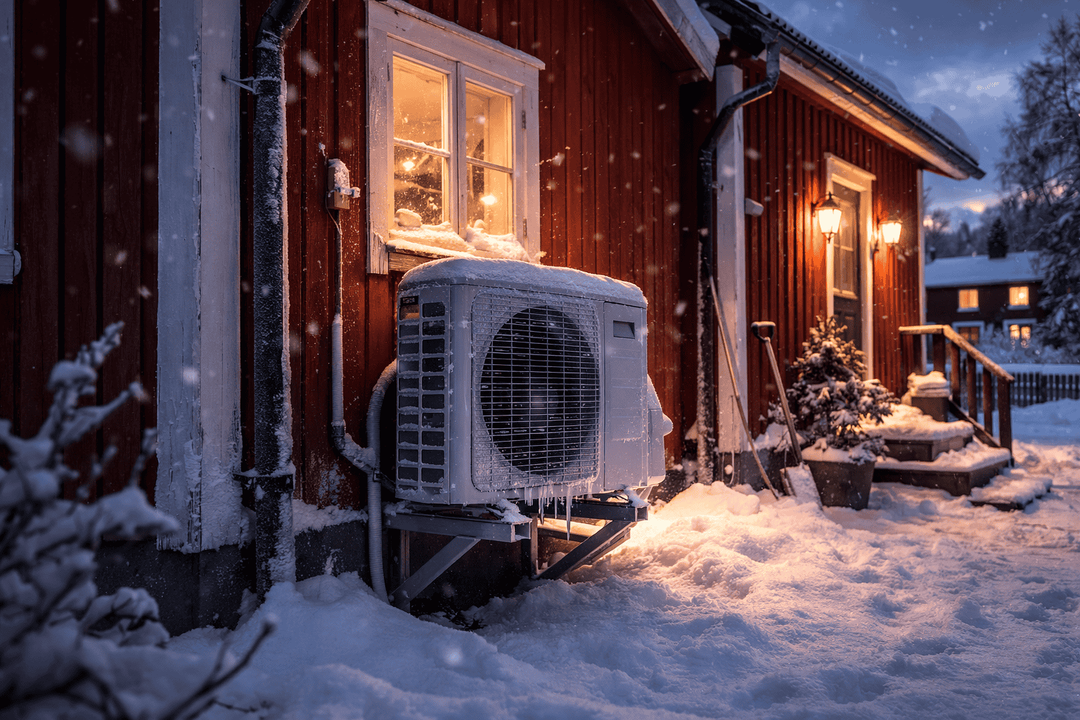 luftvärmepump utanför huset i vintertid